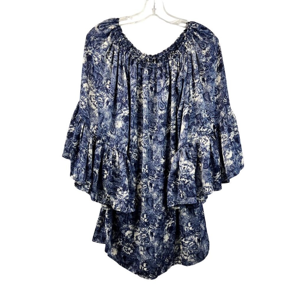 Marisa Kenson Off Shoulder Bell Sleeve Top Blue/White Size Small New